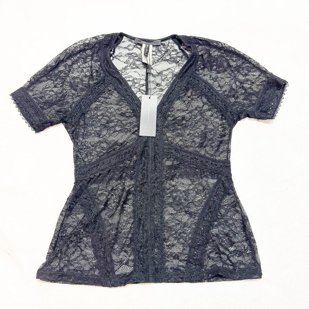 BCBG Maxazria Black Lace Short Sleeve Camisole Woven Top Size M NWT $158